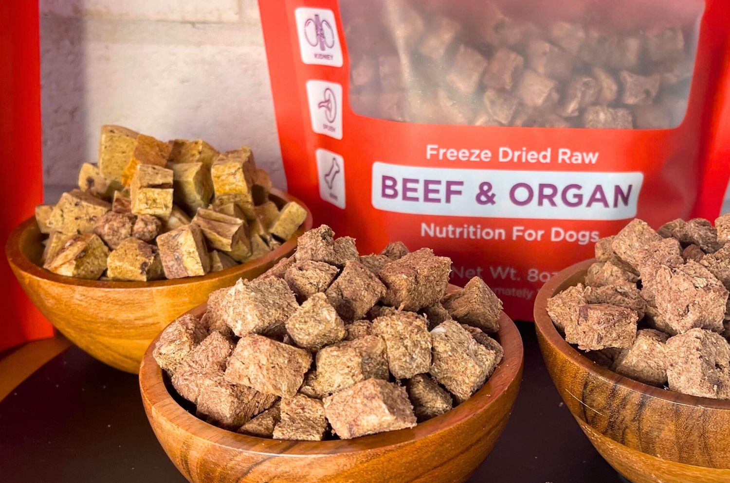 Freeze Dried Raw Beef & Organ Treats in bowls