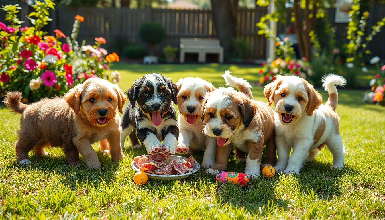 Five puppies sharing a freeze dried beef treat