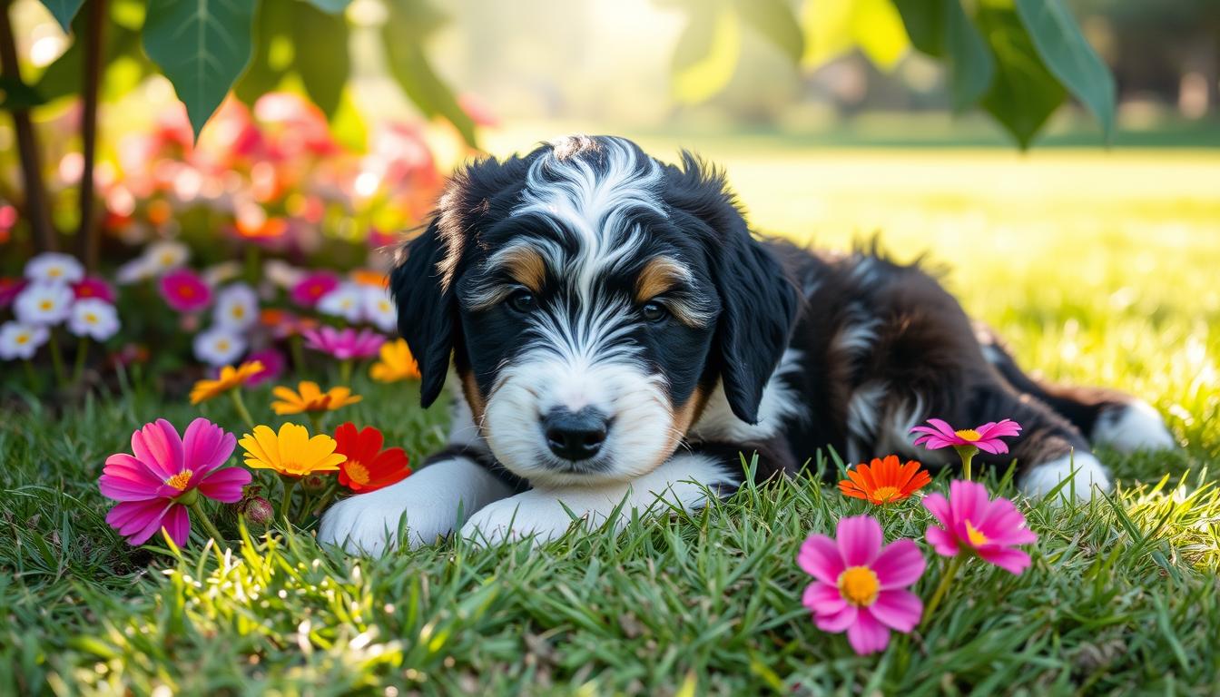 doodle puppy laying with flowers